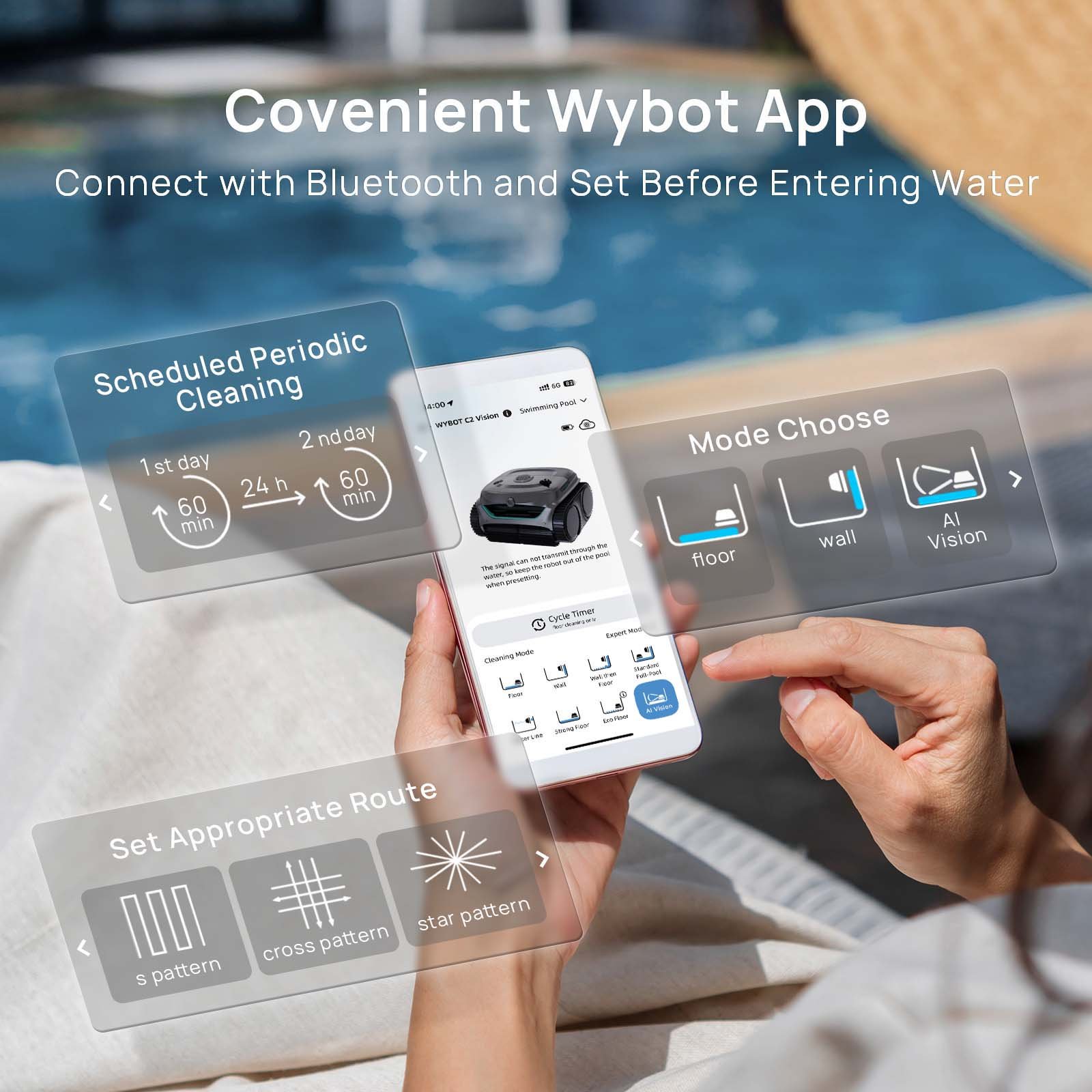 WYBOT C2 Vision cleaning a medium-sized pool