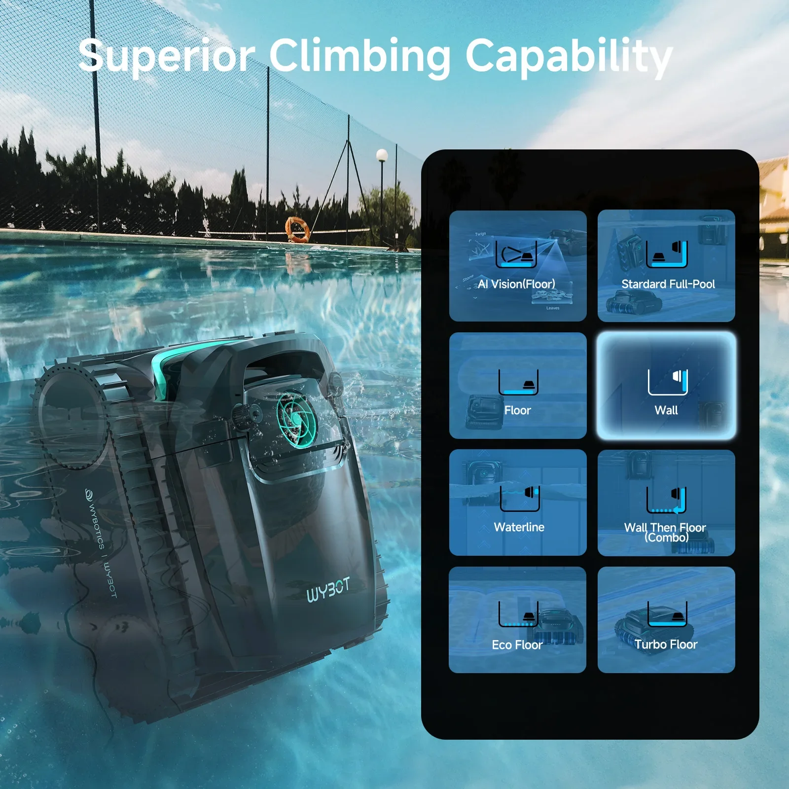 WYBOT M2 Vision Tech app showing cleaning modes and coverage