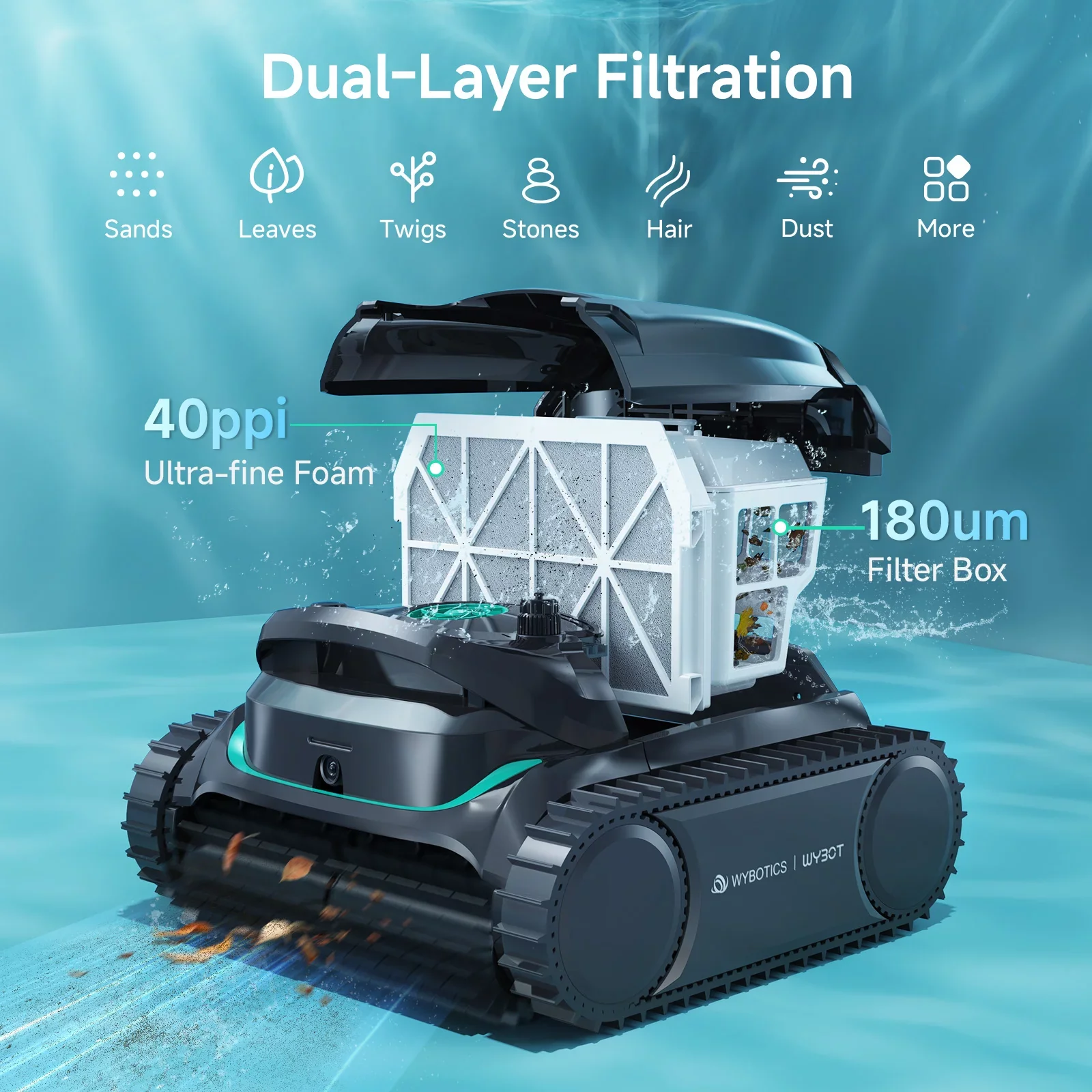 WYBOT M2 Vision Tech cleaning a large in-ground pool floor